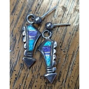 Native American Navajo Sterling Silver Blue Opal Inlay Post Dangle Earrings